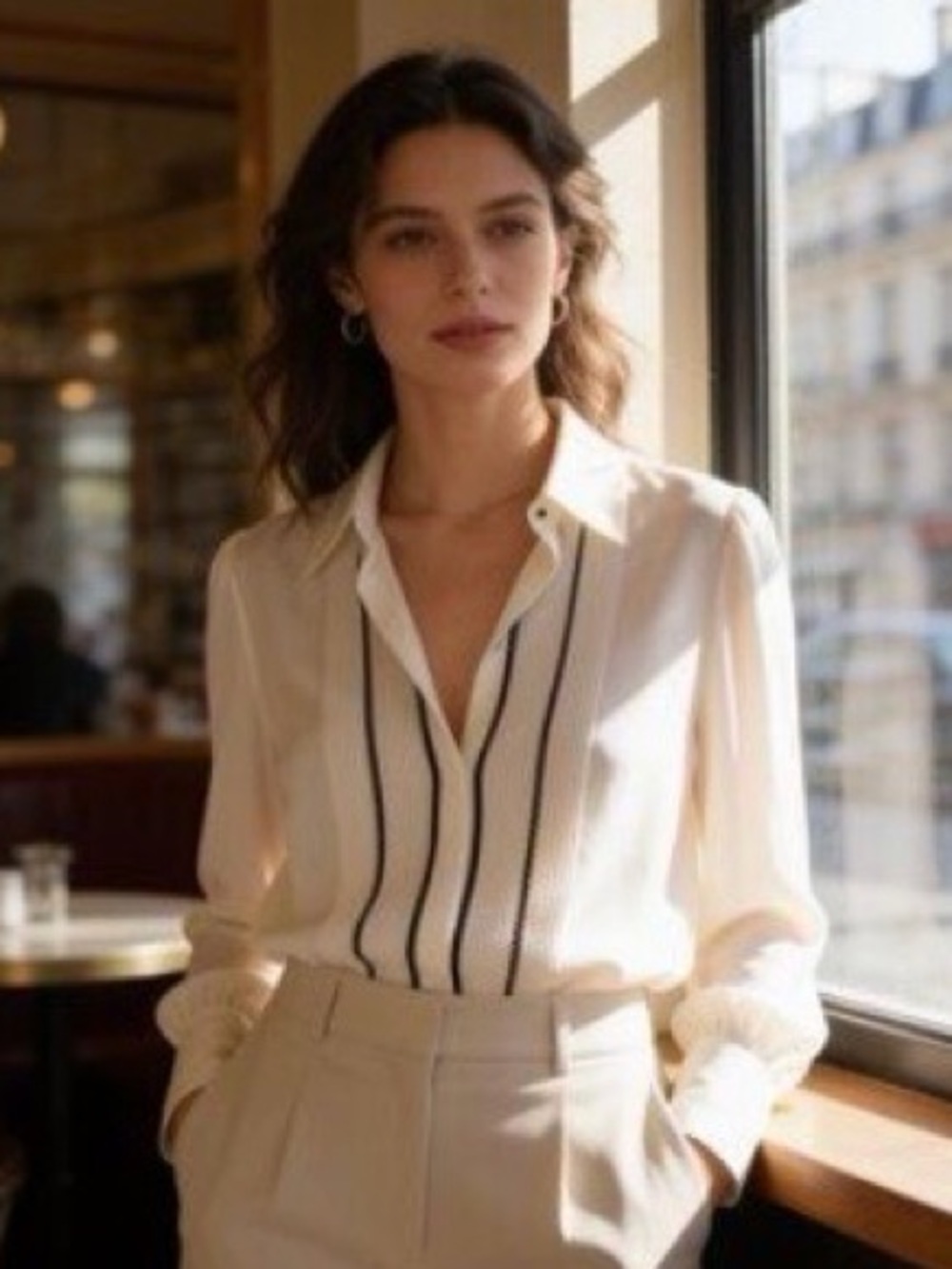 White House Black Market Cream Button-Front Blouse with Black Trim